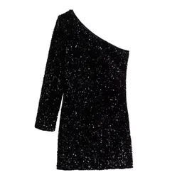Vestido longo de manga comprida com lantejoulas, assimétrico e de um ombro, de designer