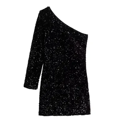 Designad asymmetrisk enaxlad sequin långärmad klänning