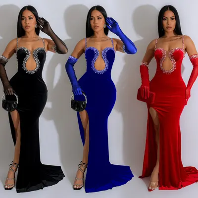 Vestido longo sexy sem mangas, de cor sólida, para mulheres, estilo fashion europeu e americano, com strass