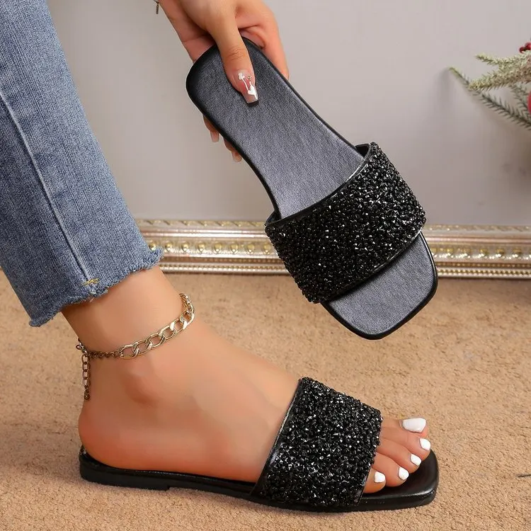 Sandálias Planas Femininas com Pérolas, Plus Size, Novo Verão 2024, Estilo Pequeno Chanel, Bico Quadrado, Chinelas Slip-on Casuais, E-commerce Transfronteiriço