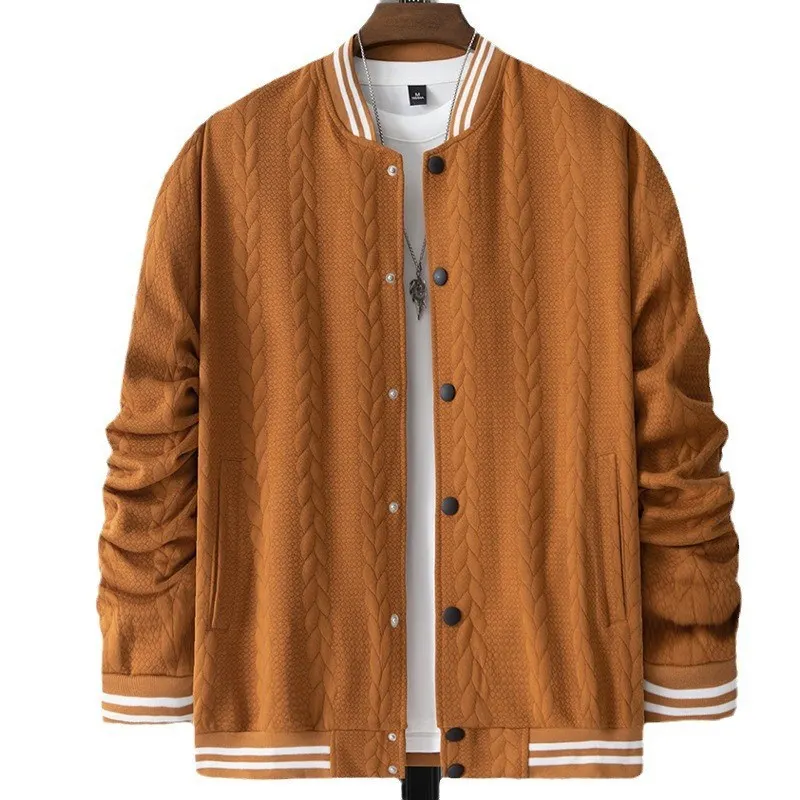Casaco de basebol para homem, malha jacquard pesada, cor lisa, colarinho de pé, casual