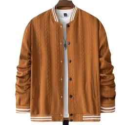 Casaco de basebol para homem, malha jacquard pesada, cor lisa, colarinho de pé, casual