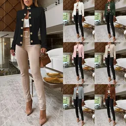メタルバックル装飾 スタンドカラー 長袖 スリムフィット ジャケット 女性用