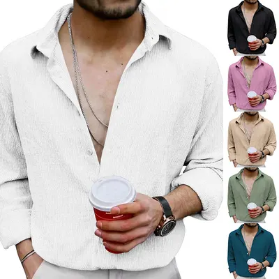 Cardigão de tecido enrugado novo para homens europeus e americanos da Amazon e AliExpress de 2023, camisa de manga comprida casual com lapela de cor sólida