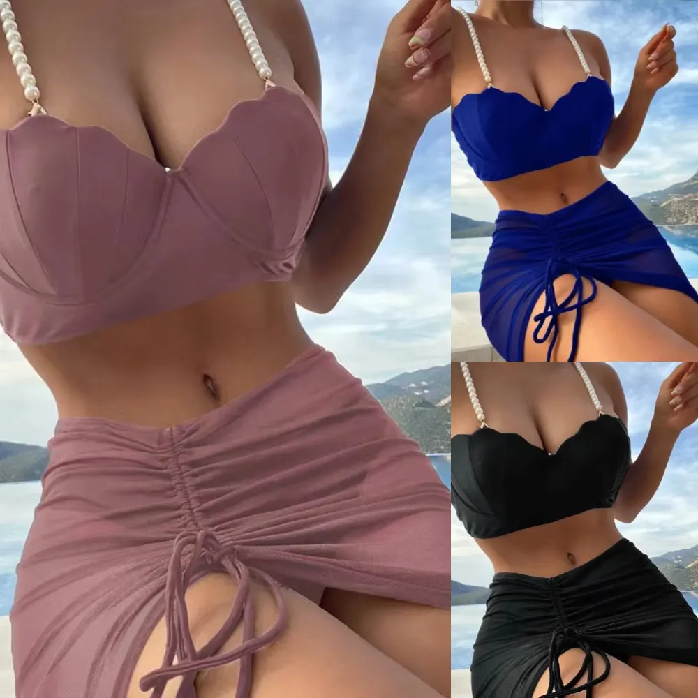 Dam tre-delad set solid sommar bikini badkläder