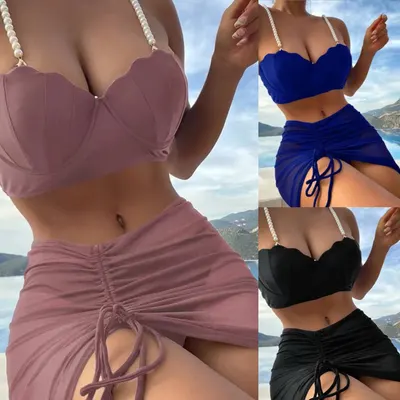 Conjunto de três peças feminino, biquíni de banho sólido para o verão