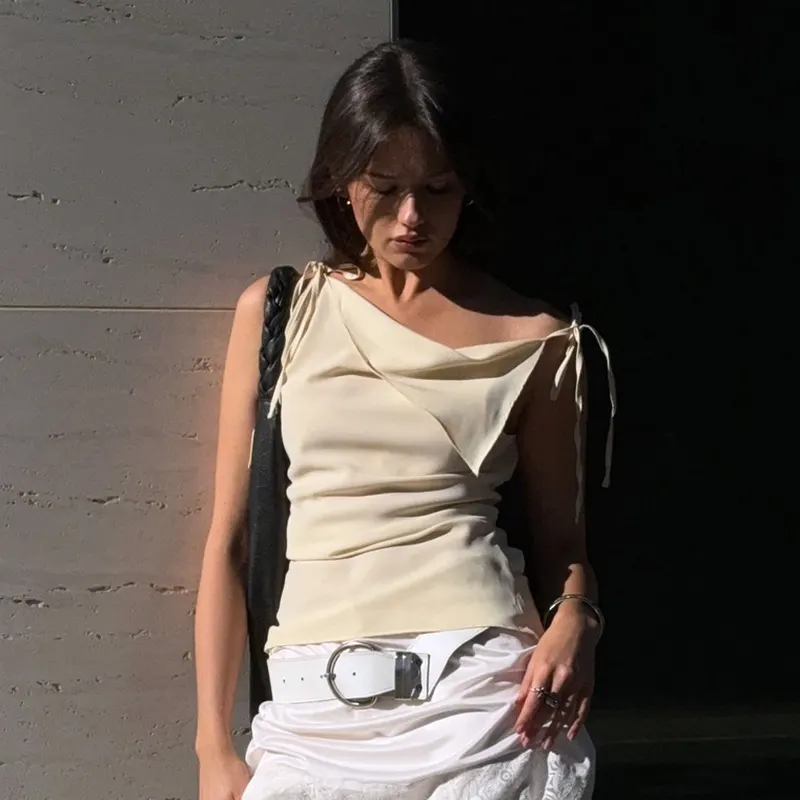 Top t-shirt sem mangas, colete com cordão e patchwork, irregular e elegante para mulheres