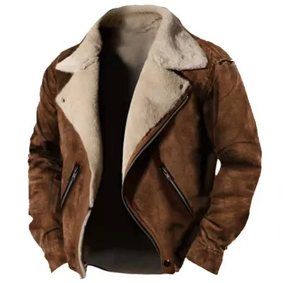 男士大码冬季休闲翻领拉链夹克衫加厚外套皮毛一体