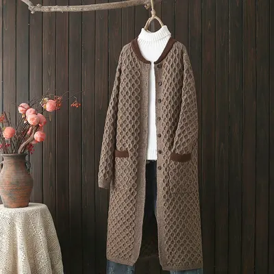 Cardigão de malha de comprimento médio a longo, reforçado, para mulher, para outono/inverno, casaco exterior solto