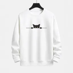 Jersey con cuello redondo y estampado creativo de gato lindo, top informal versátil unisex para estudiantes