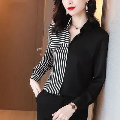 Camisa de Listras com Blocos de Cor, Nova da Moda Coreana da Primavera - Top Feminino Largo e Estiloso
