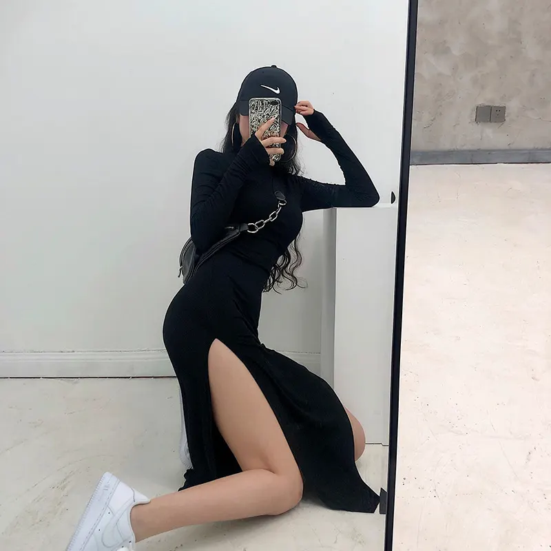 セクシー スリムフィット ウエストサイド見せ ハイ スリット ヒップハグ ドレス ロングスカート
