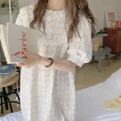 بيجاما نسائية منزلية صيفية جديدة بدانتيل زهري رقبة دائرية، أكمام قصيرة من القطن