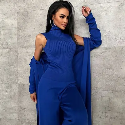 Conjunto de tricô feminino de três peças com cinturão, em tecido com emendas, com design elegante para outono/inverno, para comércio exterior europeu/americano, disponível em stock na AliExpress e Amazon Fashion