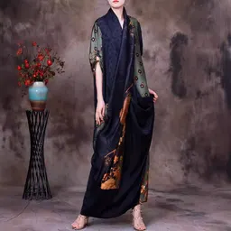 Vestido de Seda Com Fronte Cruzada, Estilo Jovem e Elegante, Vestido Longo