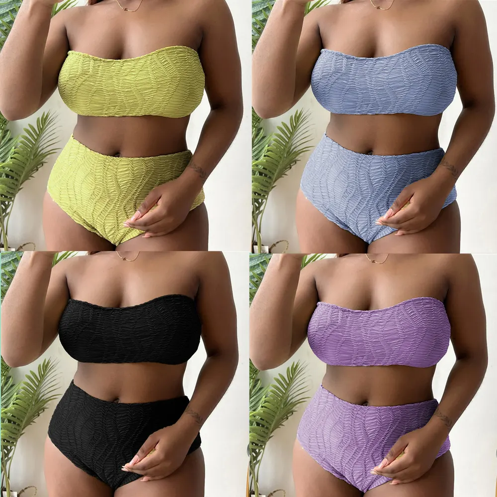 Conjunto de biquíni plus size de cores sólidas, modelagem de tubo e cintura alta