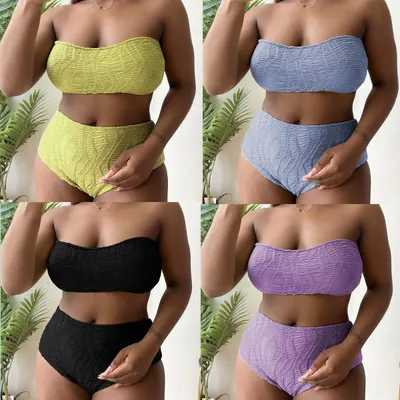 Conjunto de biquíni plus size de cores sólidas, modelagem de tubo e cintura alta