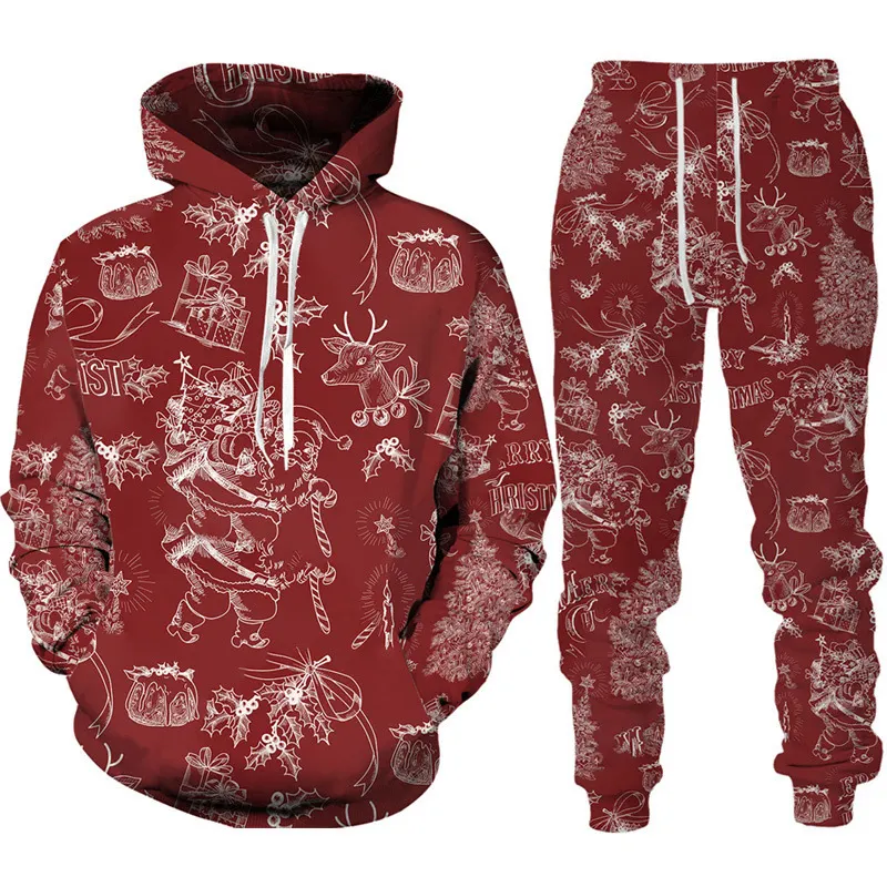 Conjunto de moletão e calças com capuz para homens, série de Natal com impressão digital 3D