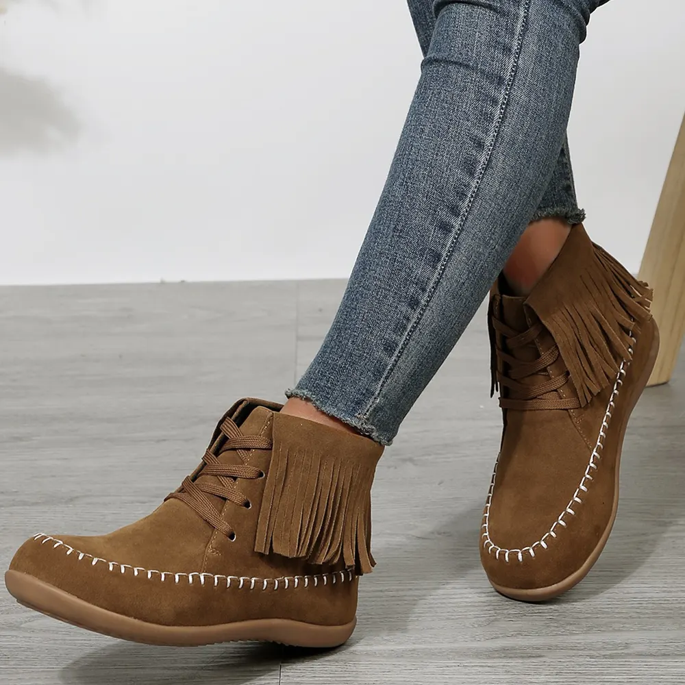 Comercio Transfronterizo Talla Grande Botas Cortas de Ante con Flecos y Cordones para Mujer, Botas Chelsea Planas de Caña Corta