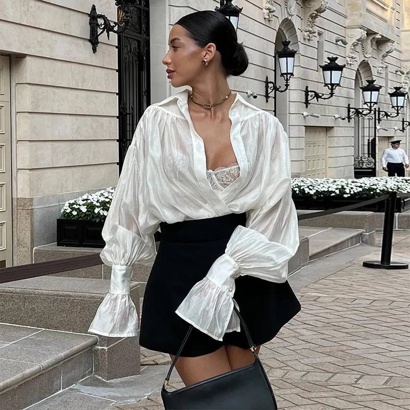Blusa feminina fresca e solta, manga de lanterna, top