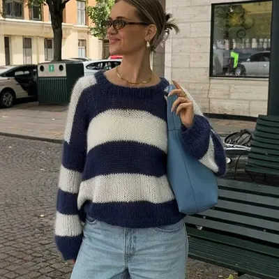 Suéter de Listras de Manga Comprida, Estilo Casual, Gola Redonda, Mais Vendido