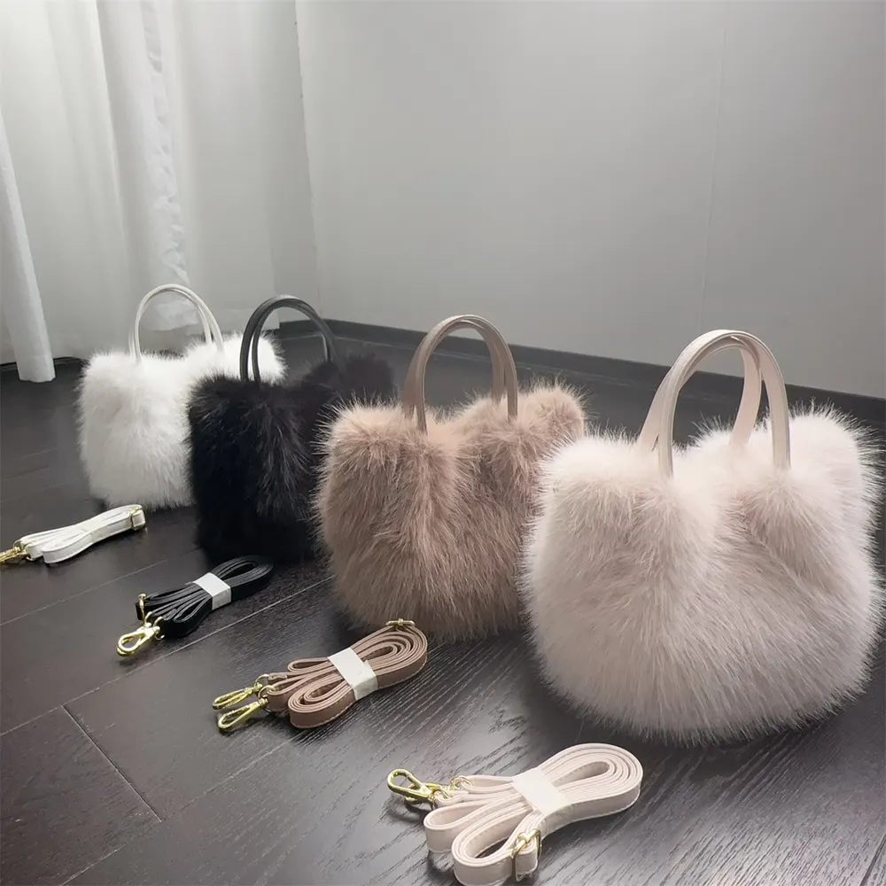 Bolsa de cesto de pele de raposa sintética nova de outono e inverno 2024, bolsa tote, bolsa pequena quadrada, bolsa de mão de ombro e transversal para mulheres, 465#