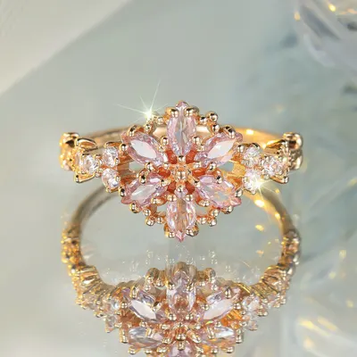 Anel de flor com diamante branco, marquise, ouro champanhe, redondo, transfronteiriço, design exclusivo, luxo discreto, anel de alta qualidade