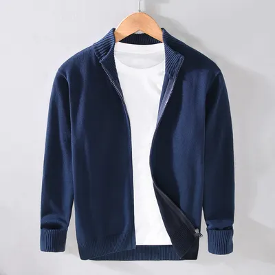 Suéter de cardigã com fecho para homem, suéter de malha modelado fino, suéter básico de cor lisa, top de suéter
