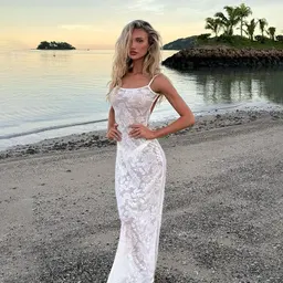 Vestido elegante socialite sem mangas, renda micro-transparente, cintura baixa