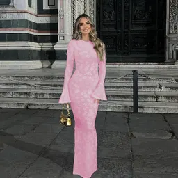 Vestido longo com gola redonda, amarração nas costas, jacquard, caimento slim, temperamento moderno, novo Outono 2024 YL24416 para mulheres