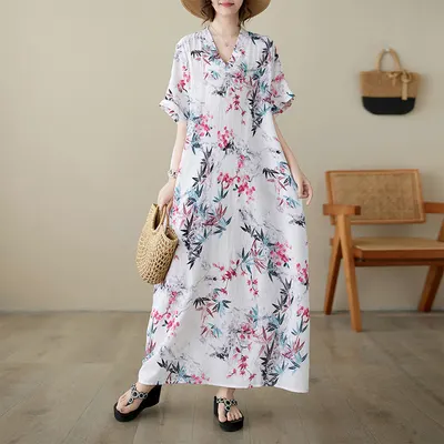 Vestido de playa nuevo de verano de algodón y lino con cuello en V, talla grande, holgado, estilo resort