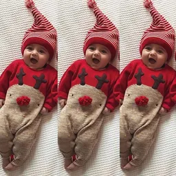 بدلة طفل غير مخصصة للجنس للفصول الربيع والخريف والشتاء، بدلة طويلة الأكمام بتصميم غزال الميلاد، بدلة طفل مخططة القبعة، بدلة طفل رومبر وجامبسوت