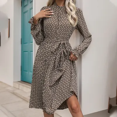 Women s Ruffled Printed Long Sleeve Lace-up Dress