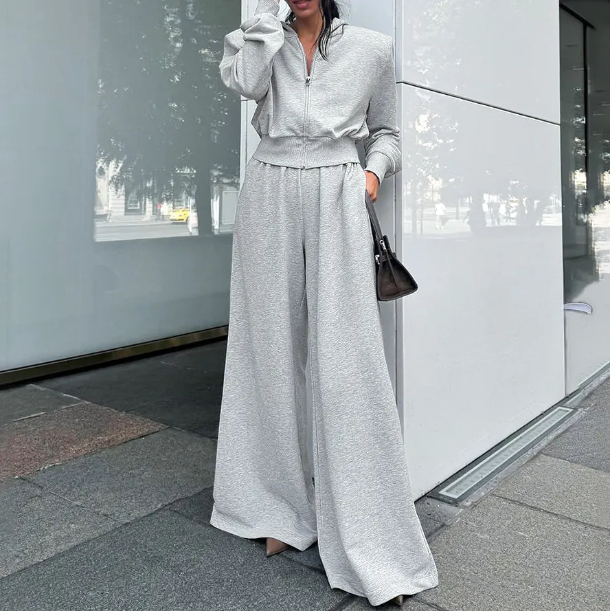 グレー フーデッドスウェットシャツ ワイドレッグパンツ セット