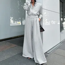 그레이 후드 스웨트셔츠 와이드 레그 팬츠 세트