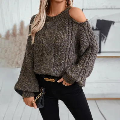Suéter Feminino Novo de Inverno e Outono Transfronteiriço de Comércio Exterior, Estilo Europeu e Americano, Gola Redonda, Malha Grossa, Manga Descaída, Trançada