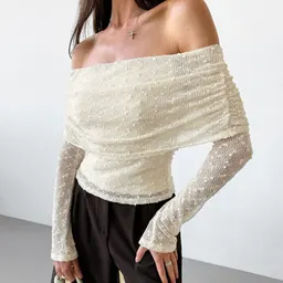 قميص نسائي طويل الأكمام بتصميم ياقة من الجاكار المحبوك