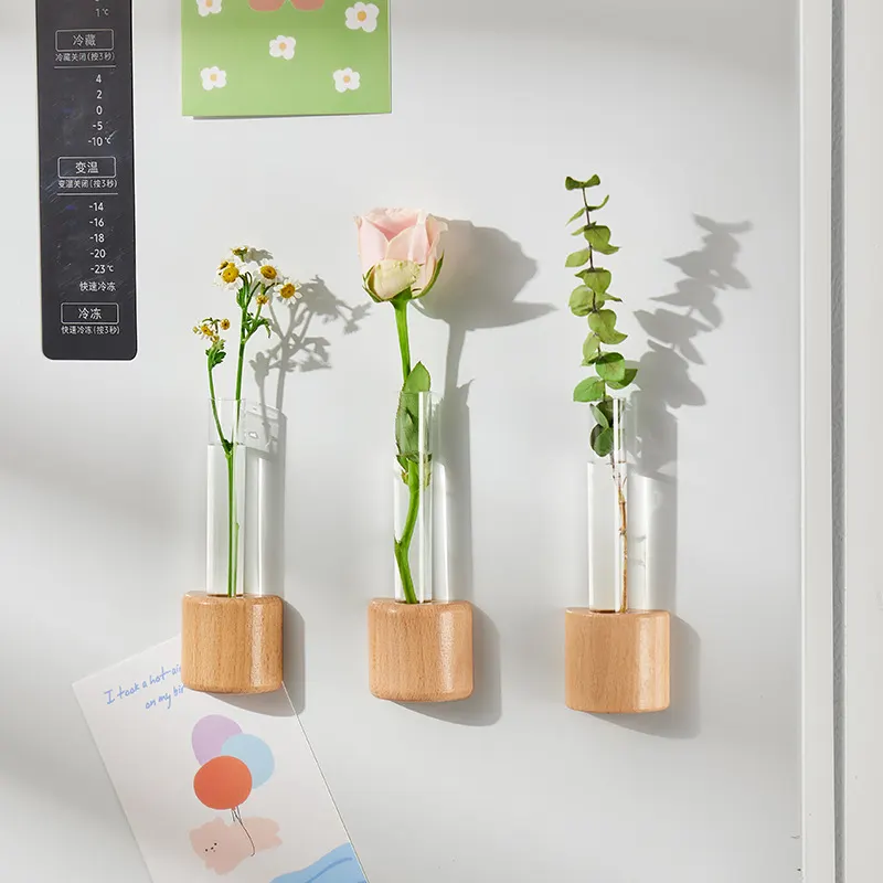 Ímã de geladeira de madeira original, vaso de flores de tubo de teste, arranjo floral, decoração criativa para pendurar na parede, vaso de flores pequeno para hidroponia, produto popular transfronteiriço