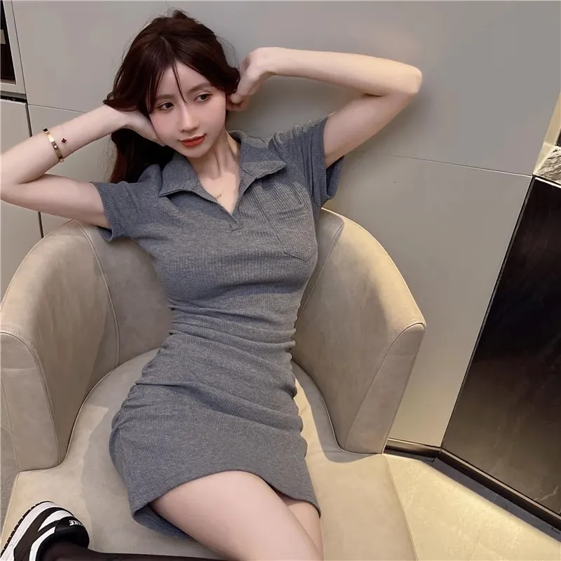 Vestido de manga curta com colarinho POLO para mulher, verão, slim, sexy, com cinto de cintura, vestido de saia de anca de garota sensual, vestido da moda e elegante