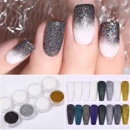 Polvo de uñas iridiscente y polvo de lana para uñas con efecto degradado