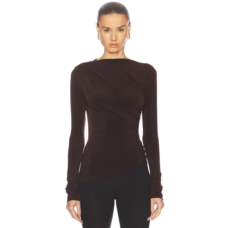 Top de tricot gola alta, manga comprida, ajustado, cor sólida, sensual, que realça a silhueta, estilo europeu e americano
