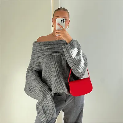 Suéter de tricot solto casual com design consciente, suéter de manga comprida