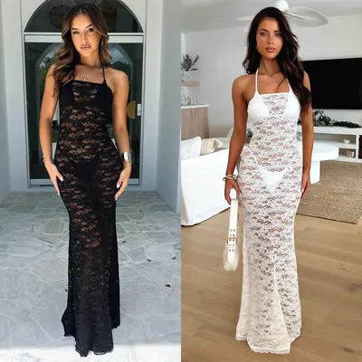 Cross-border sommar europeisk amerikansk dam nya fashion spets bandeau lång klänning sexig genomskinlig smal sleeveless 8006