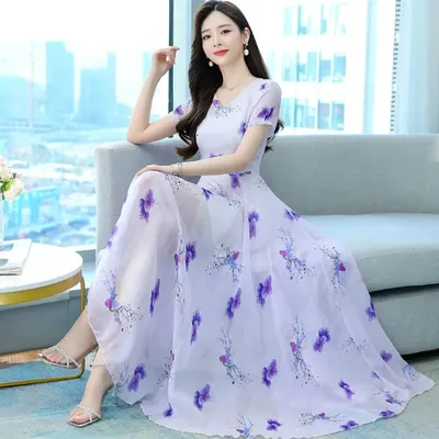 Short Sleeve V-neck Mid-length Dress Women s Waist Slimming Temperament Floral Skirt A-line Skirt Fashion