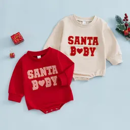 Roupa de bebé de outono, macacão de manga comprida com bordado de letras, solto e casual, fato de rastejar, para crianças, tema de Natal