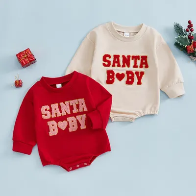 Roupa de bebé de outono, macacão de manga comprida com bordado de letras, solto e casual, fato de rastejar, para crianças, tema de Natal