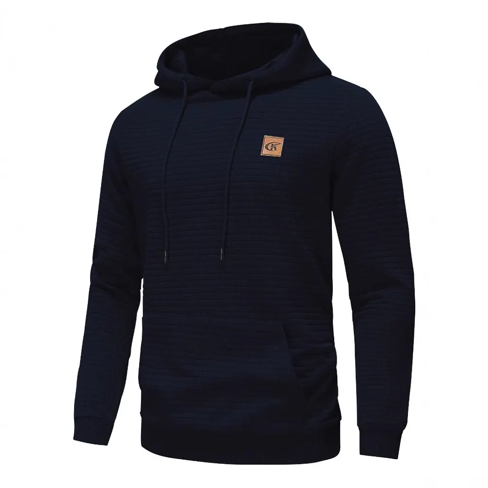Moletom de manga comprida com capuz, padrão de xadrez pequeno jacard, para homens, casual