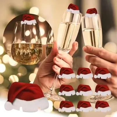 Cartão para taça de vinho com chapéu de Natal, cartão para taça de vinho tinto, cartão para taça de champanhe