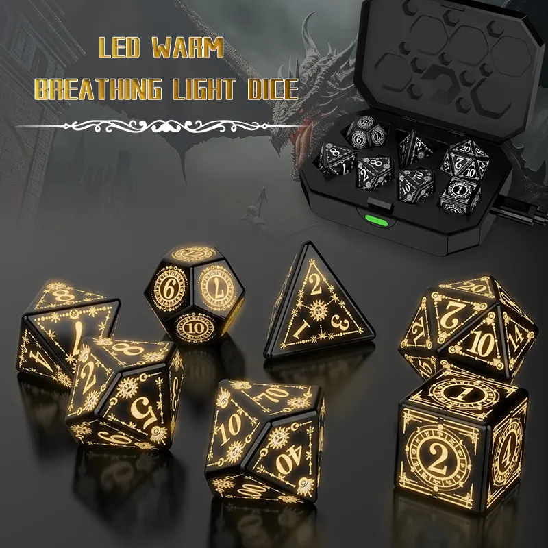 Conjunto de Sete Dados DND com Luz LED, Dungeons & Dragons, Dados com Luz Quente Respirante