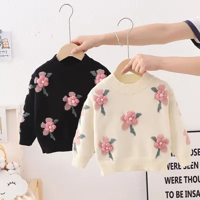 Pullover de tricô de bebê com pequena flor fofa para menina, suéter infantil base para camisa